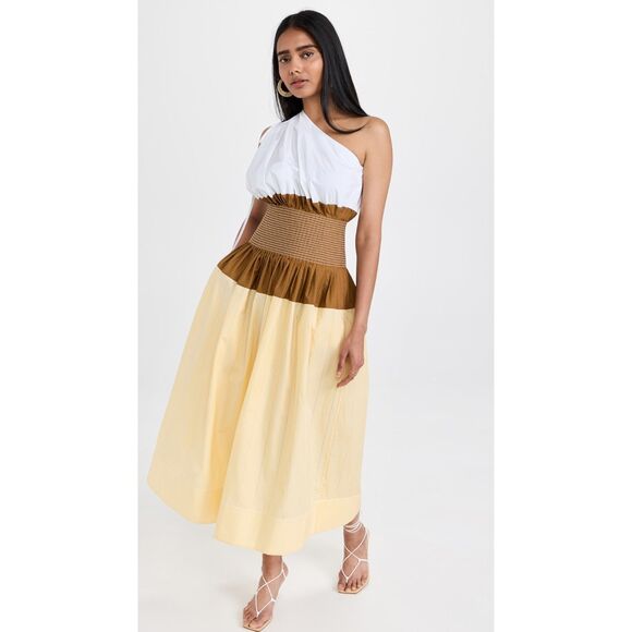 TORY BURCH Colorblock One Shoulder Smocked‎ Midi Dress NWT SZ 4 - Picture 1 of 7